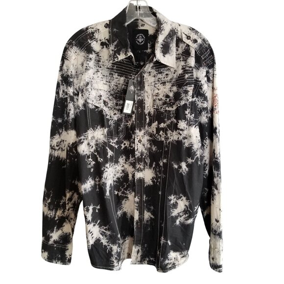 AFFLICTION Button Front Shirt Black White Embroidered Back Men's size L NWT - Picture 3 of 9